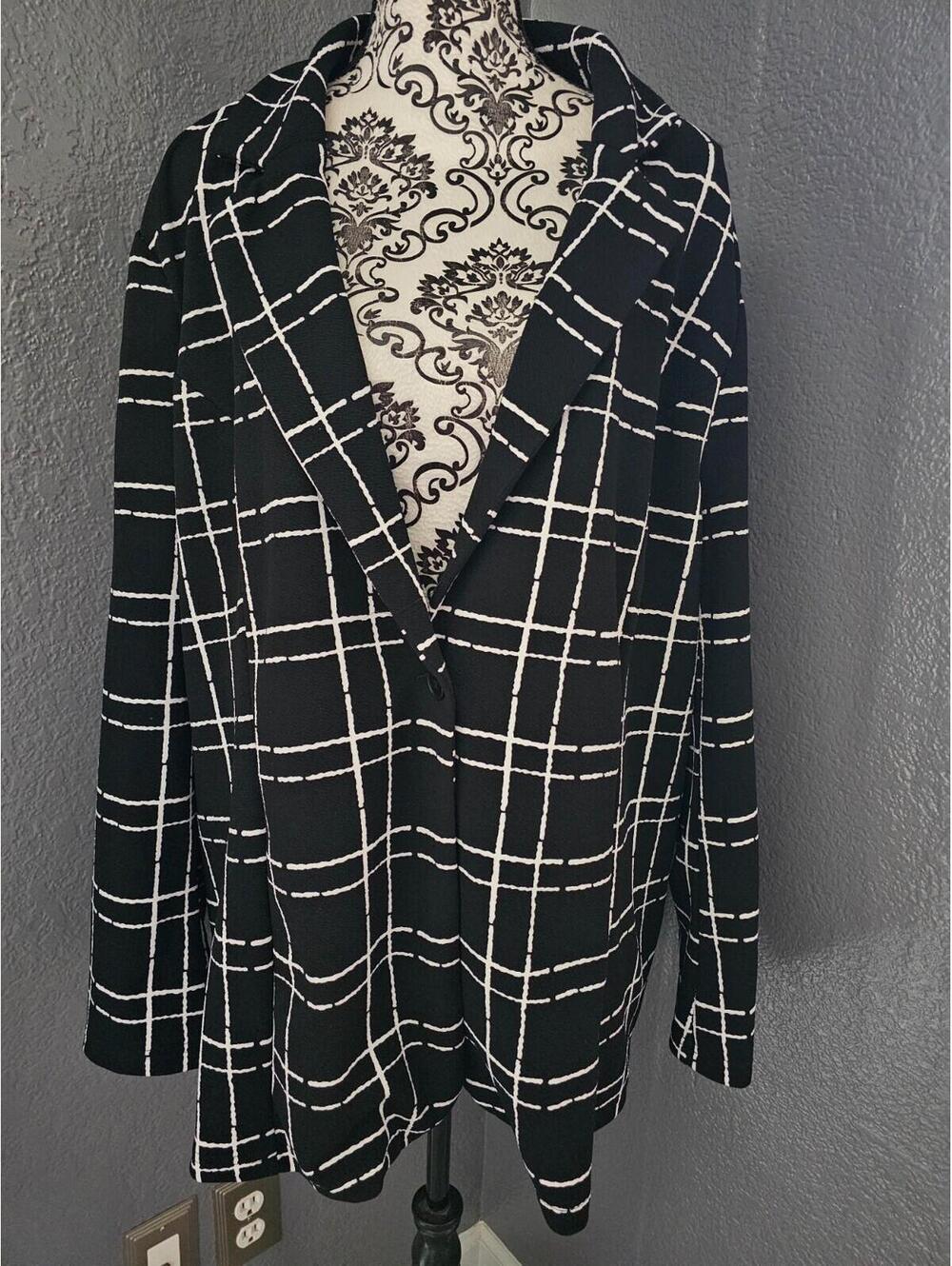 Women's Shein Curve One Button Blazer Jacket Size 4XL Black & White Long Sleeve